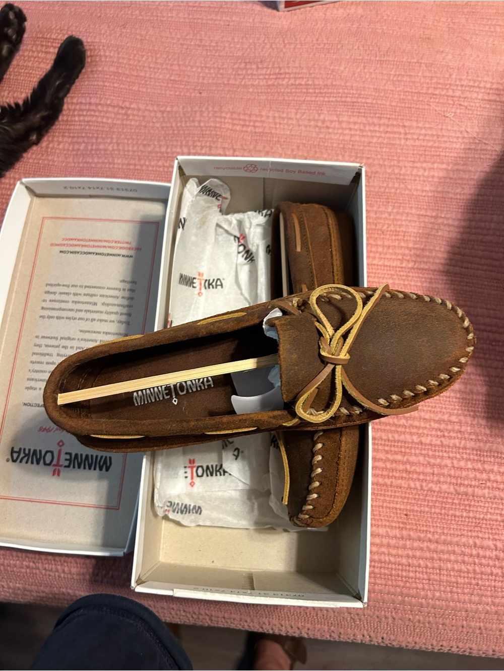 Minnetonka Chestnut Suede Driving Moccasins with Bow